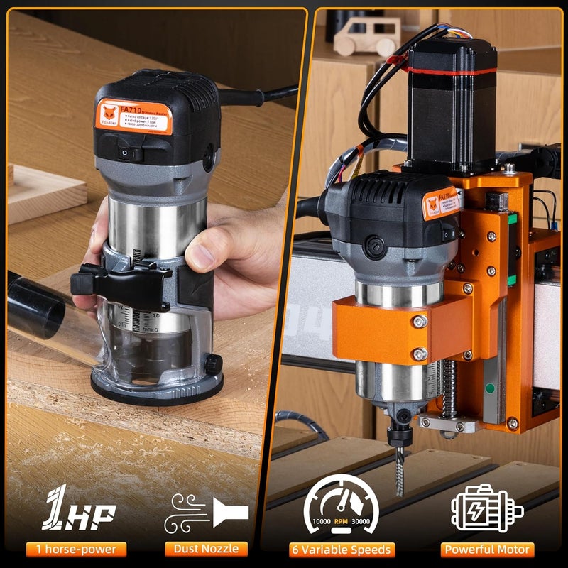 FoxAlien 1HP 710W 65mm Diameter Compact Palm Router for CNC Woodworking,6 Variable Speeds Max 30000 R/MIN Wood Trimmer with 1/4” Collet (110V) - Image 1